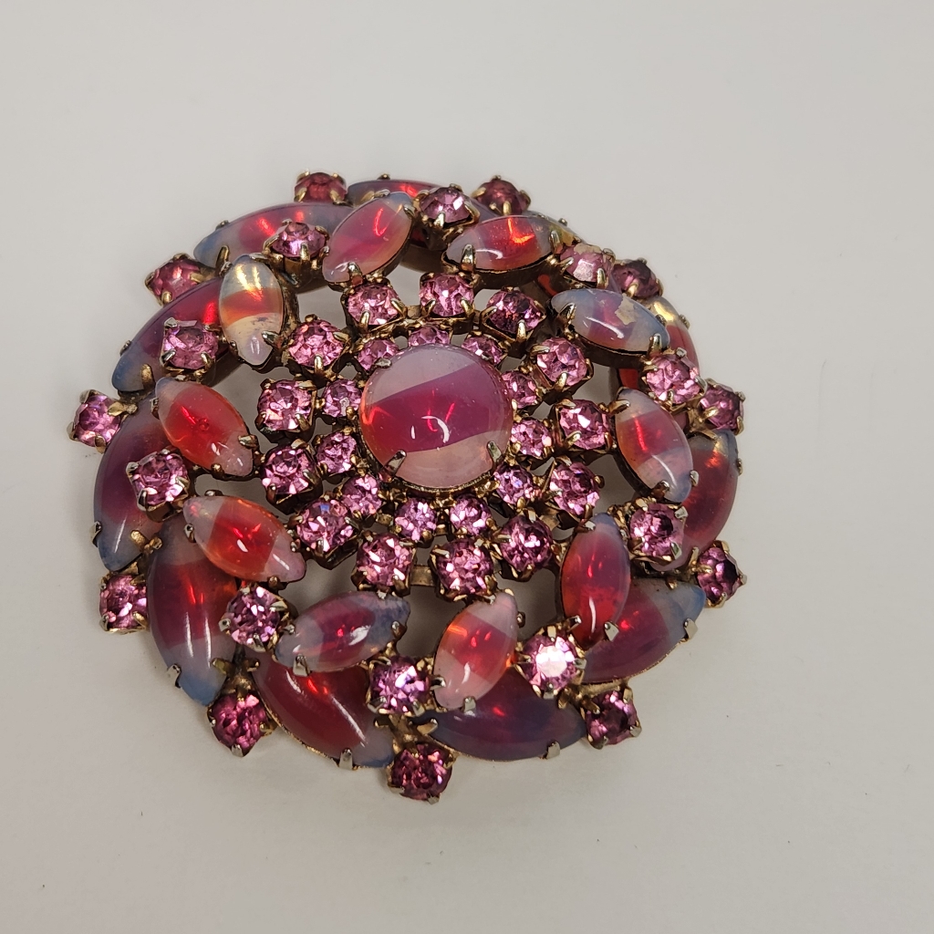 Vtg Juliana DE Pink Givre Candy Corn Art Glass Cabochone Brooch Pin Goldtone 80$